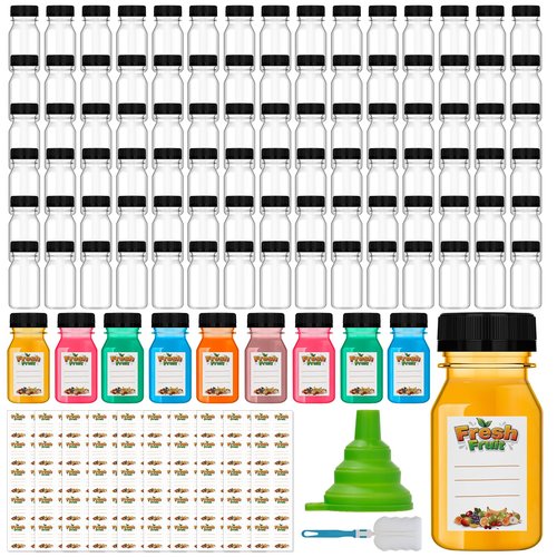 100 Pcs 4 oz Plastic Juice Shot Bottles with Caps, Clear Ginger Shots Bottles with Lids, Small Bottles for Liquids, 4 oz Plastic Reusable Leak Proof Mini Containers for Juice,Milk,Ginger,Whiskey,Water