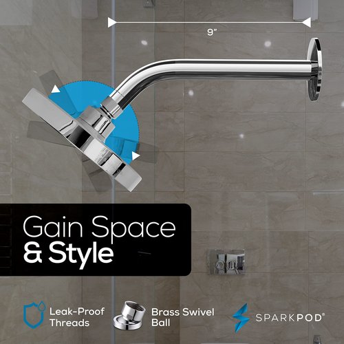 SparkPod 6" High Pressure Rain Shower Head with 9" Shower Arm - High Pressure Rain - Luxury Modern Look - Rainfall Experience - No Hassle Tool-less 1-Min Installation (Luxury Polished Chrome)