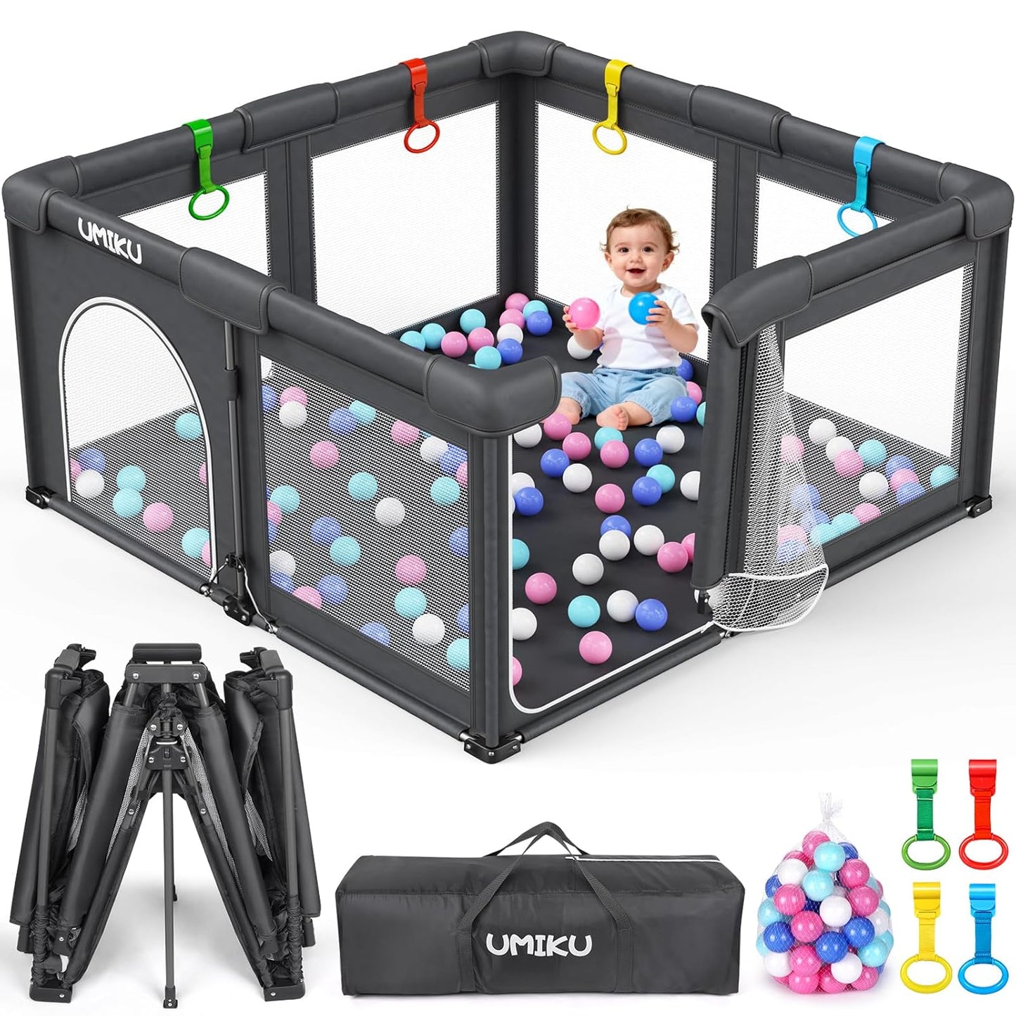Skiennix Foldable Baby Playpen - Large Portable Play Yard for Indoor/Outdoor Use | 50" x 50" Dark Grey