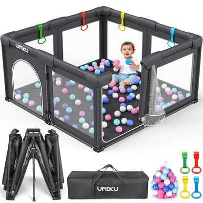 Skiennix Foldable Baby Playpen - Large Portable Play Yard for Indoor/Outdoor Use | 50" x 50" Dark Grey