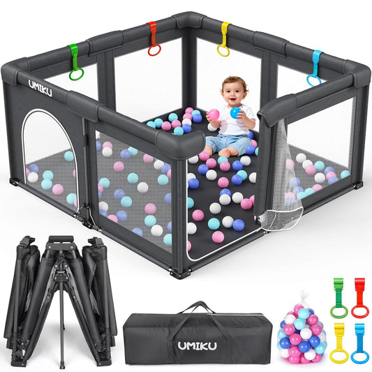 Skiennix Foldable Baby Playpen - Large Portable Play Yard for Indoor/Outdoor Use | 50" x 50" Dark Grey