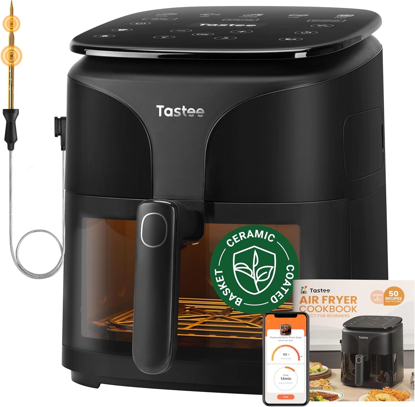 Tastee Ceramic Air Fryer - 8-in-1 Compact 5.5QT Digital Airfryer with Smart Probe & 24 Cooking Presets