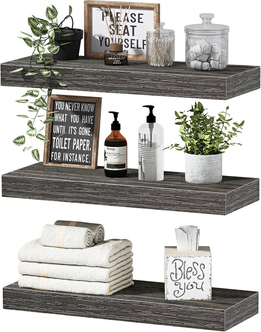 QEEIG Floating Shelves - Stylish Wall Storage for Bathroom, Bedroom & Kitchen - Set of 3, 16 Inch, Grey