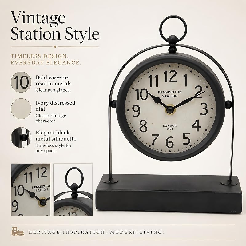 Vintage Black Table Clock with Glass Cover – Silent Mantel Desk Clock