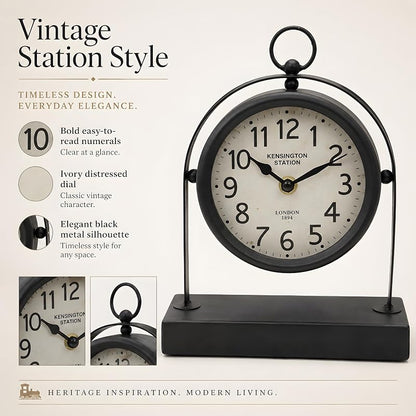 Vintage Black Table Clock with Glass Cover – Silent Mantel Desk Clock