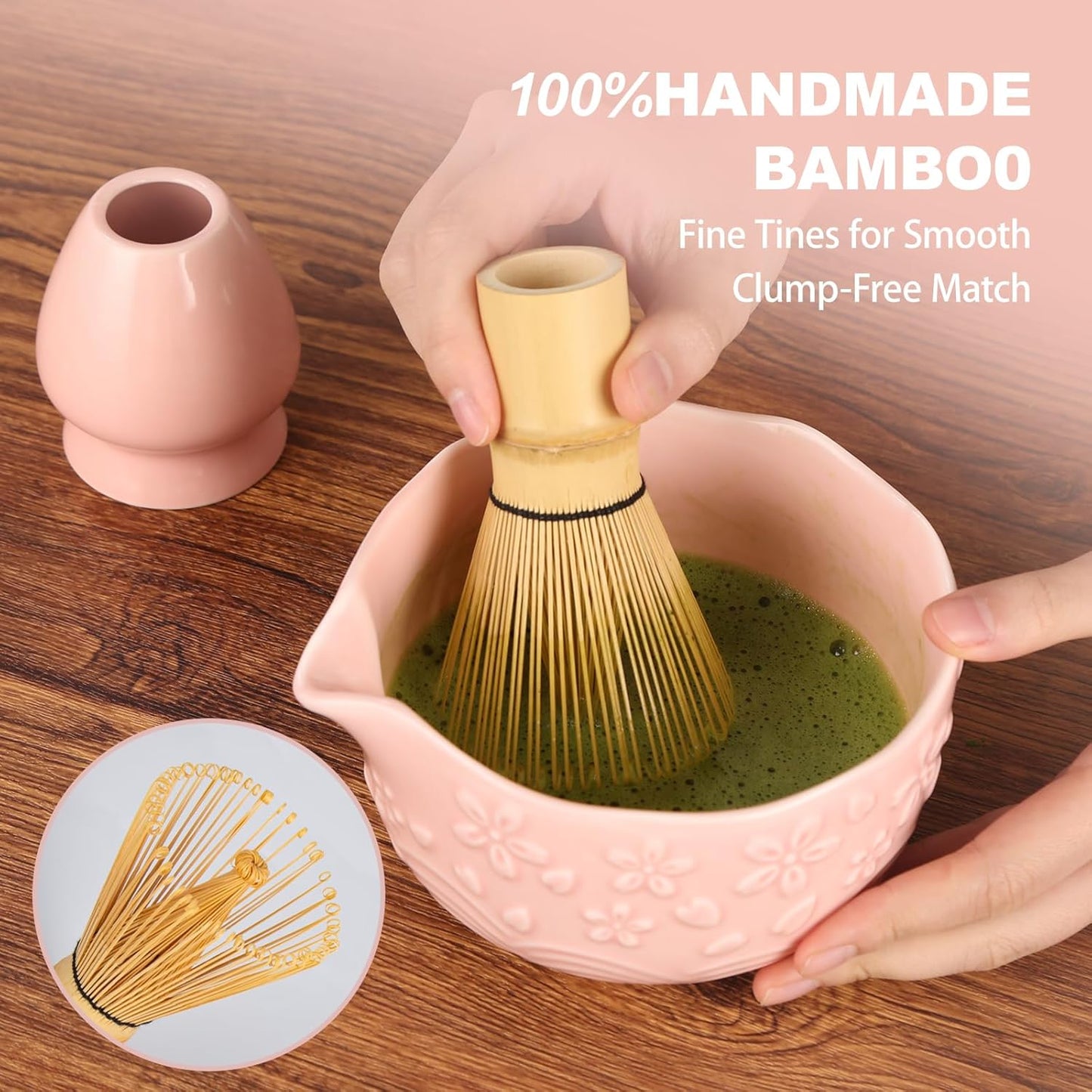SIMPLETaste Matcha Whisk Set - 7-Piece Ceramic Kit with Bowl, Whisk, Bamboo Scoop & More | Pink