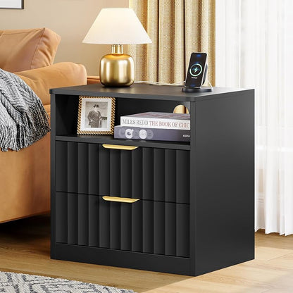 Fluted Nightstands Set of 2 with Charging Station & LED Light, Black, 2 Drawers