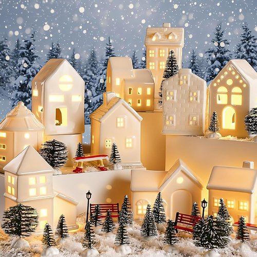 Barydat 40 Pcs Ceramic Christmas Village Set - 10 LED White Houses & Xmas Trees | Holiday Decor