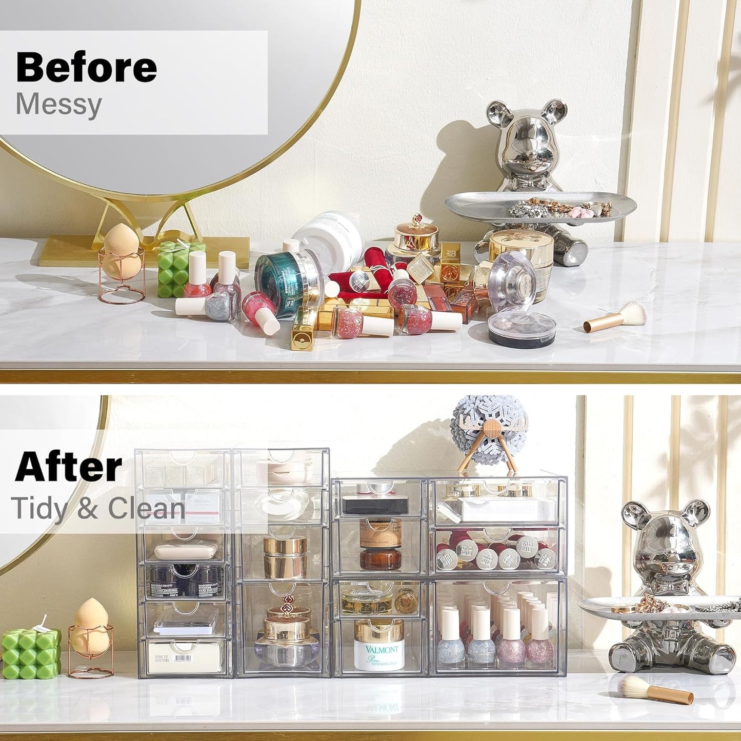 Prsildan Acrylic Drawer Organizer - 17 Drawer Clear Storage Solution for Makeup & Craft Supplies | Set of 4