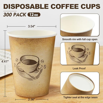 Clawsoff 300 Pack 12oz Disposable Paper Coffee Cups - Retro Design, Leak-Proof for Hot or Cold Beverages