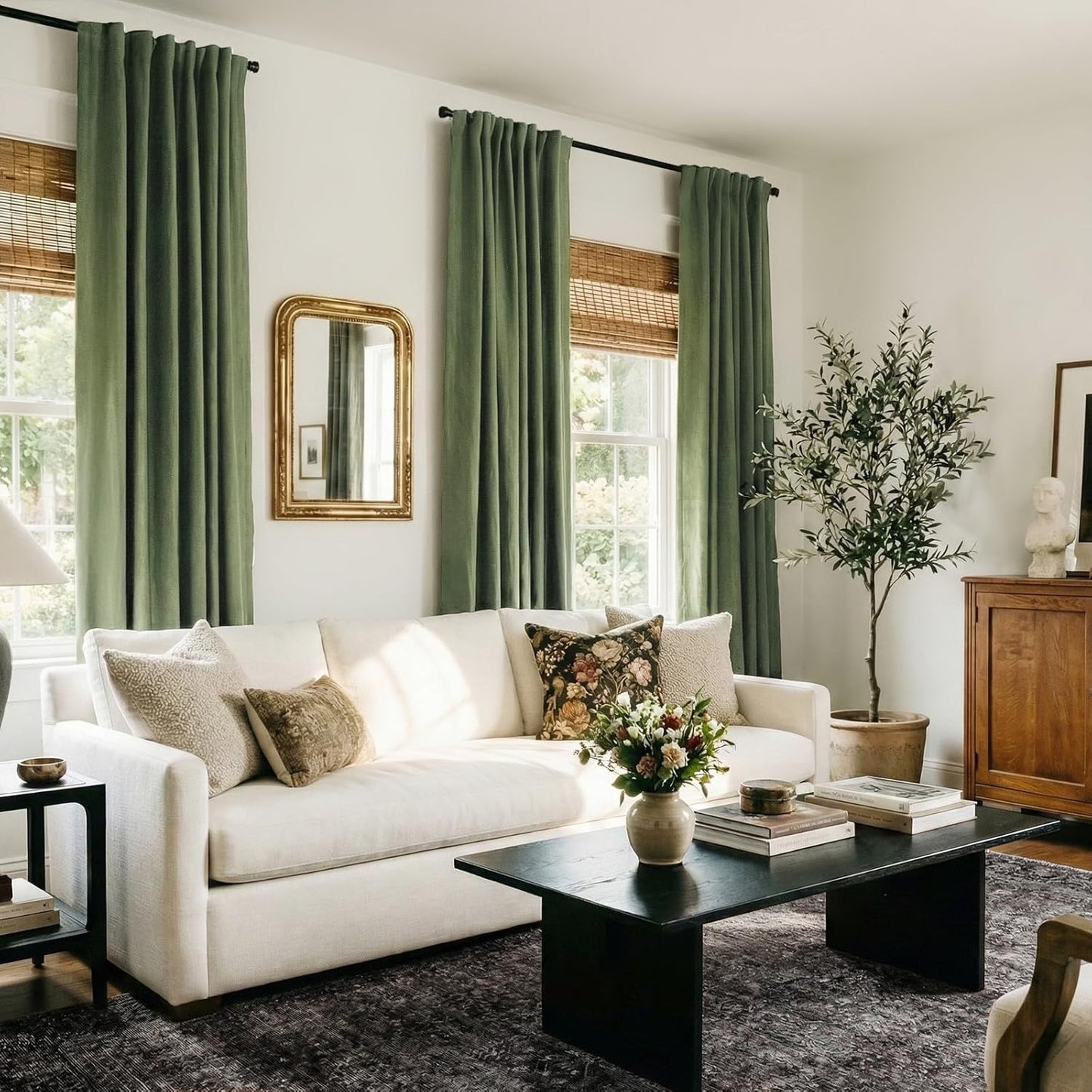 Skiennix 100% Blackout Curtains - Olive Green Linen, Thermal Insulated, 2 Panels Set, 50" W x 96" L