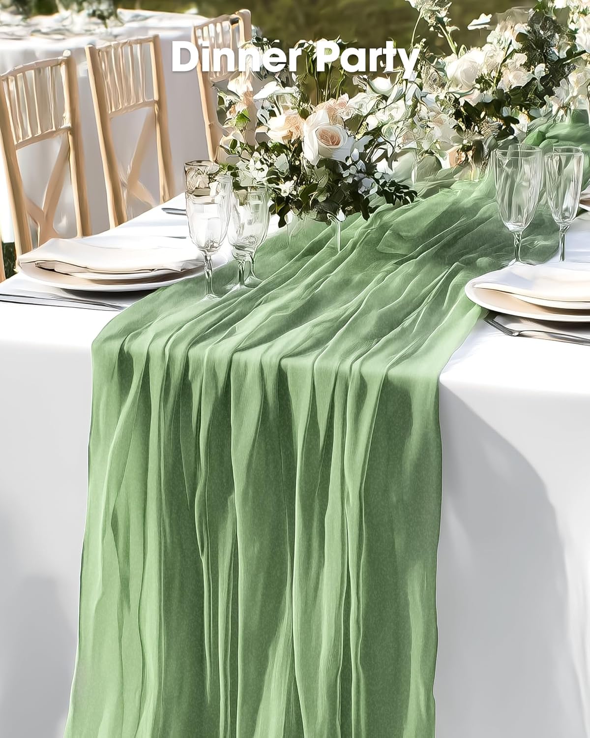 Pureegg Table Cloth Set - 8 Waterproof Disposable Tablecloths (54"x108") & 2 Cheesecloth Runners (35"x120") | Elegant White & Sage for Parties, Picnics & Weddings
