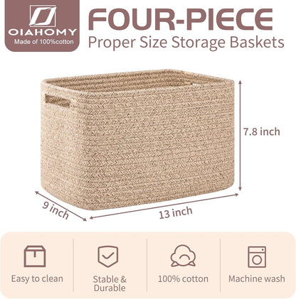 OIAHOMY Storage Baskets - 4 Pack Woven Organizing Bins with Handles | 12.7''L x 9''W x 7.8''H, Brown
