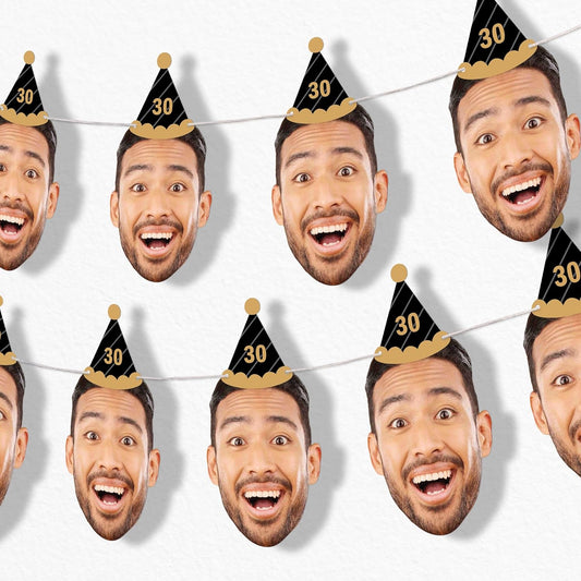 Big Dot of Happiness Black & Gold Birthday Garland Banner - Personalized Adult Decor with 10 Face Cut Outs