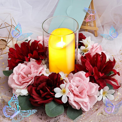 Skiennix Artificial Flower Candle Rings - 6-Inch Rose Floral Wreaths with Butterflies for Wedding Centerpieces | Burgundy & Pink (Set of 2)