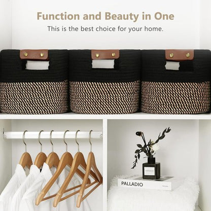 ECDYQXVU Cotton Rope Basket - Stylish Storage Solution with Handles | 15x10x9 Inch | Black Brown