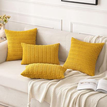 MIULEE Corduroy Throw Pillow Covers - Soft Boho Striped Design | 18x18 Inch Mustard Yellow Decor