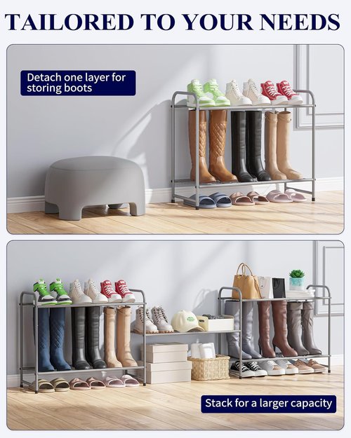 Kitsure Shoe Rack - Sturdy Stainless Steel Organizer for Closet & Entrance | 3-Tier, 25.6" Wide, Grey