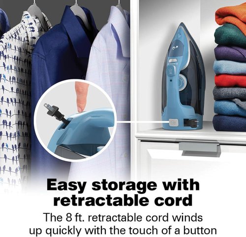 Hamilton Beach Steam Iron - 1700W Garment Steamer with Stainless Steel Soleplate & 8' Cord - Blue