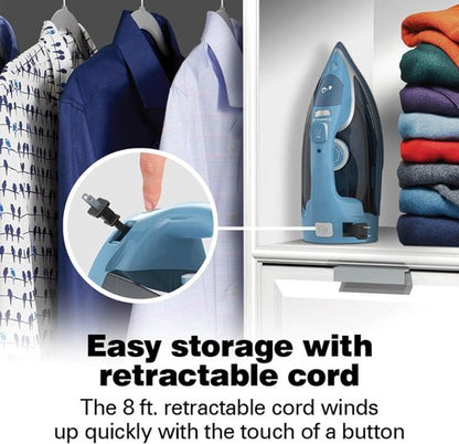 Hamilton Beach Steam Iron - 1700W Garment Steamer with Stainless Steel Soleplate & 8' Cord - Blue