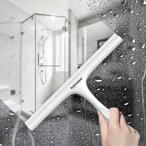 Anjinwiper All-Purpose Shower Squeegee for Shower Glass Door with Adhesive Hook, Silicone Squeegee for Shower Doors, Bathroom, Windows, Mirrors, Shower Cleaner Tool Household Squeegee(10 inch-White)