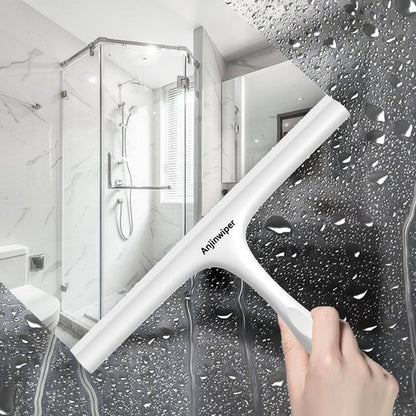 Anjinwiper All-Purpose Shower Squeegee for Shower Glass Door with Adhesive Hook, Silicone Squeegee for Shower Doors, Bathroom, Windows, Mirrors, Shower Cleaner Tool Household Squeegee(10 inch-White)