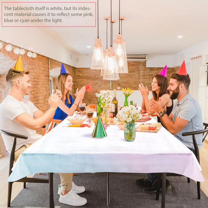 Shiny Laser Tablecloths | 4-Piece White Iridescence Set - 40 x 108” Disposable Holographic Covers for Weddings & Parties