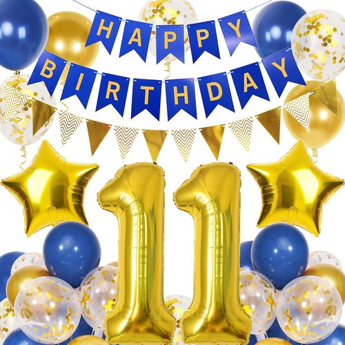 11th Birthday Decorations by [Brand Name] - Navy Blue & Gold Balloons with 40-Inch Number 11 Foil | Happy Birthday Banner