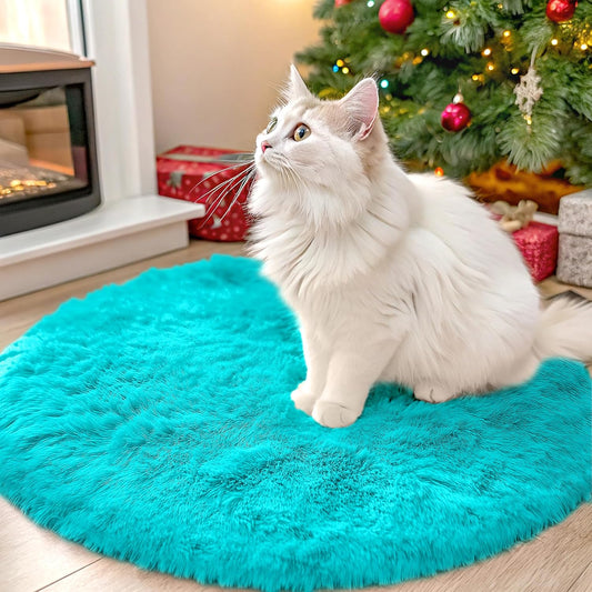 OLANLY Teal Blue Round Rug - Soft & Fluffy Shaggy Carpet, 2 ft Circle for Bedroom & Living Room Decor