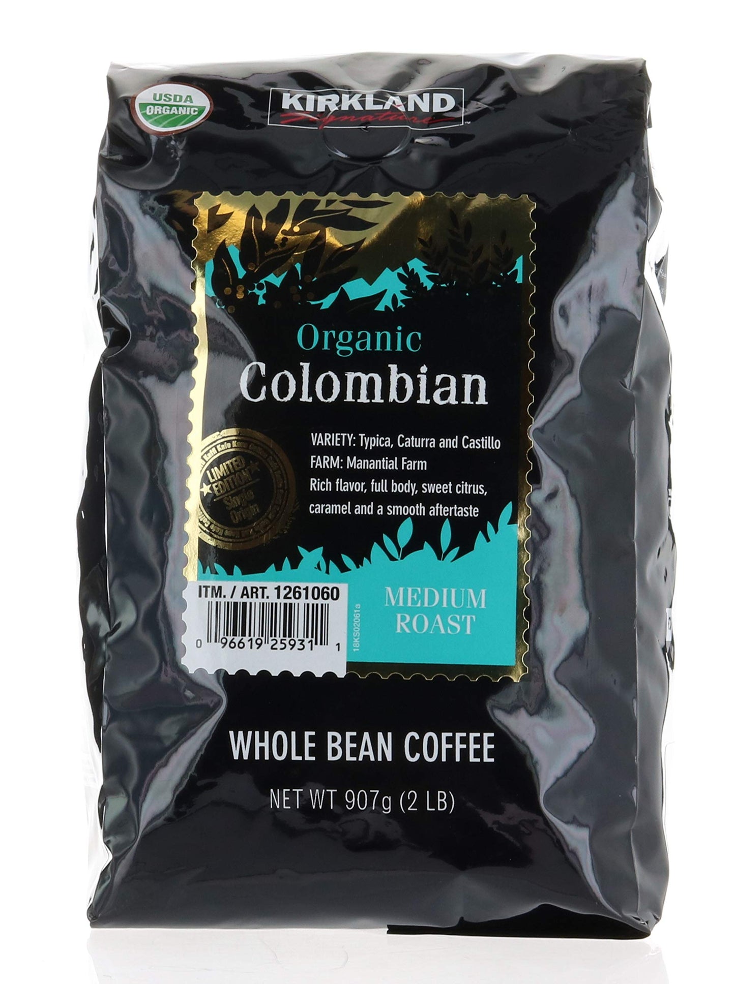 Kirkland Signature Limited Edition Single Origin Organic Colombian Medium Roast Whole Bean Coffee 2LB