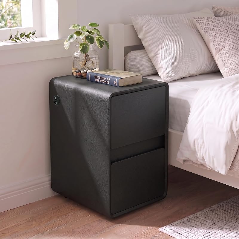 Modern Leather Nightstand with 2 Drawers, USB Charging & 16" Black