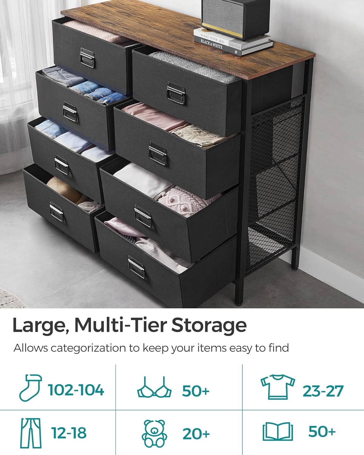SONGMICS Fabric Dresser - 8 Drawer Storage Organizer Unit with Steel Frame | Rustic Brown & Black