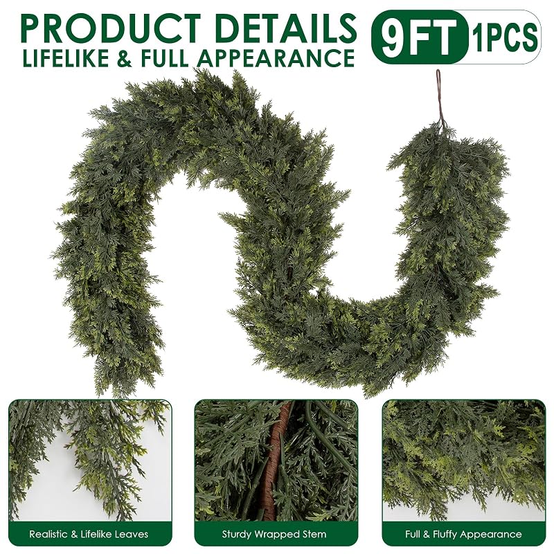 9 ft Dark Green Cedar Garland with Real-Touch PE - Hananona, Thick Ultra-Dense Christmas Decor