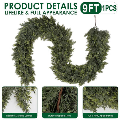 9 ft Dark Green Cedar Garland with Real-Touch PE - Hananona, Thick Ultra-Dense Christmas Decor