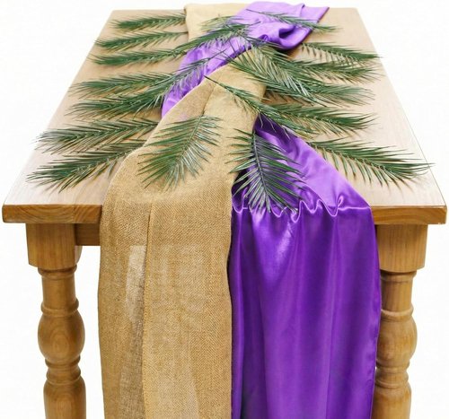 Frienda 52 Pcs Easter Communion Table Decor - 10 ft Purple Cloth Runner & 15.7 Inch Palm Leaves