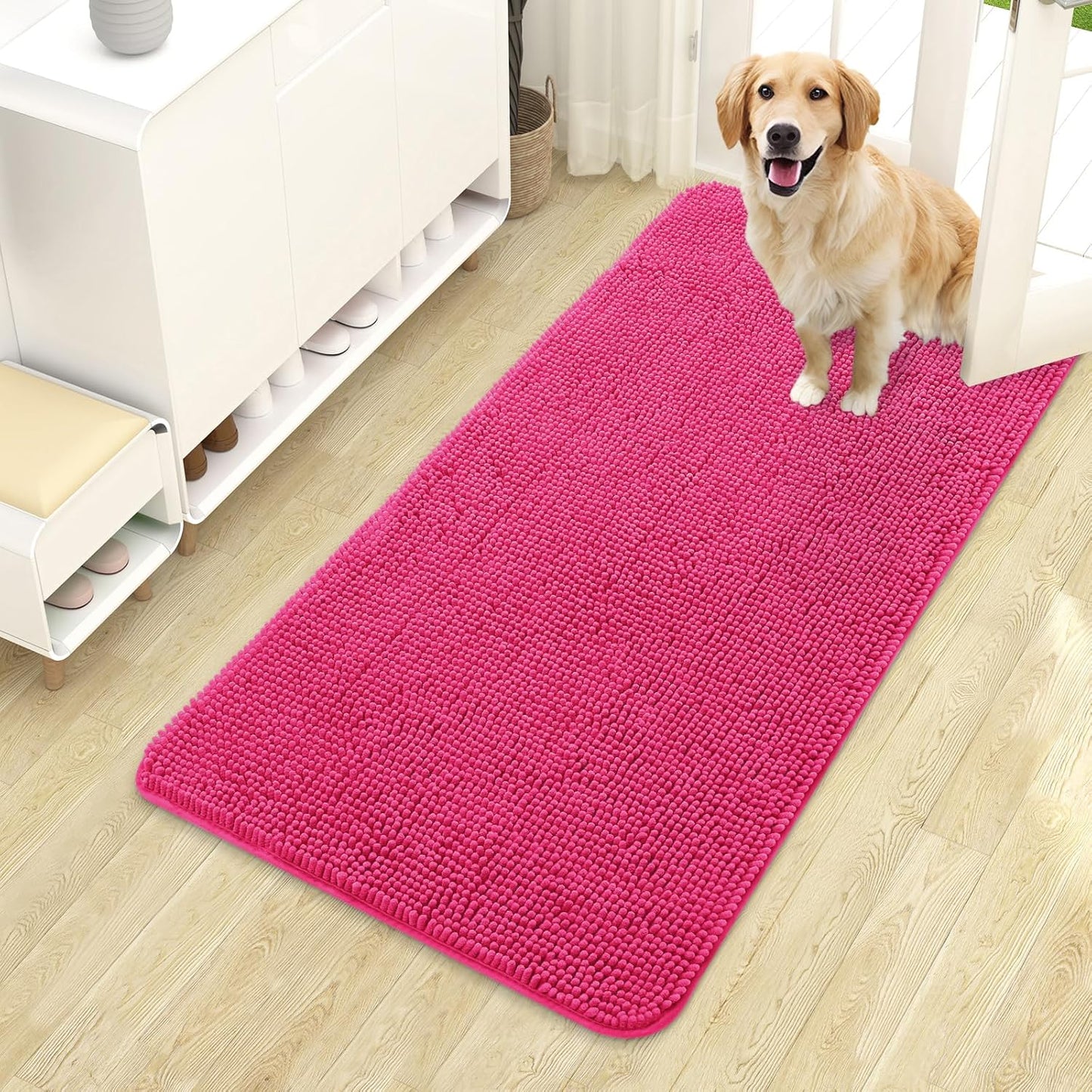 OLANLY Dog Door Mat - Absorbent Non-Slip Washable Mud Mat for Dogs | 44x24, Hot Pink, Quick Dry Chenille
