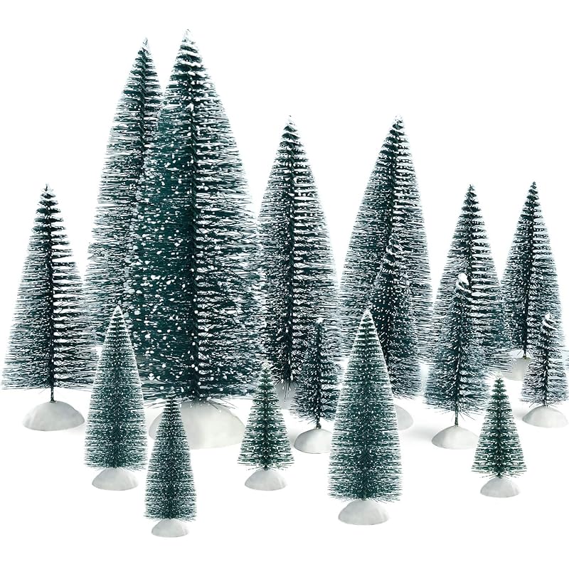 Dark Green 46Pcs Mini Bottle Brush Christmas Trees with Snow, 6 Sizes