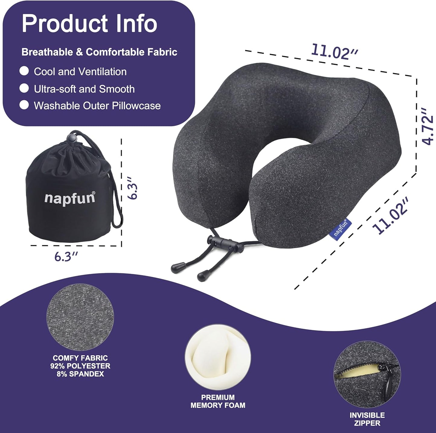 Napfun Neck Pillow - Upgraded 100% Pure Memory Foam Travel Pillow for Airplane | Portable Black Headrest