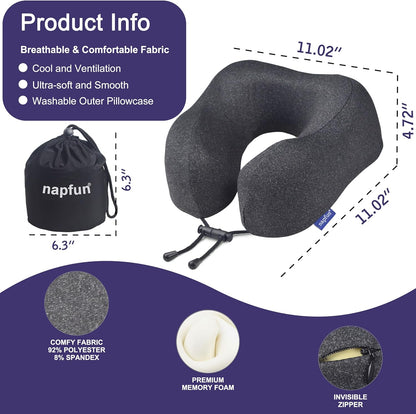 Napfun Neck Pillow - Upgraded 100% Pure Memory Foam Travel Pillow for Airplane | Portable Black Headrest