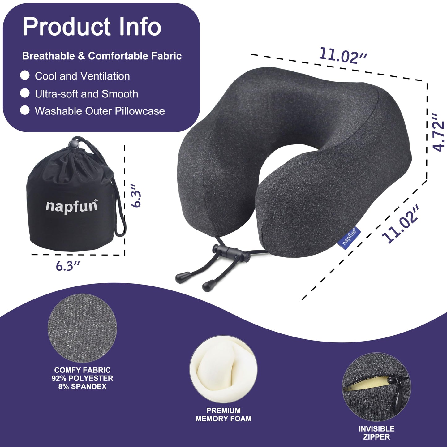 napfun Neck Pillow for Traveling, Upgraded Travel Neck Pillow for Airplane 100% Pure Memory Foam Travel Pillow for Flight Headrest Sleep, Portable Plane Accessories, Full Black