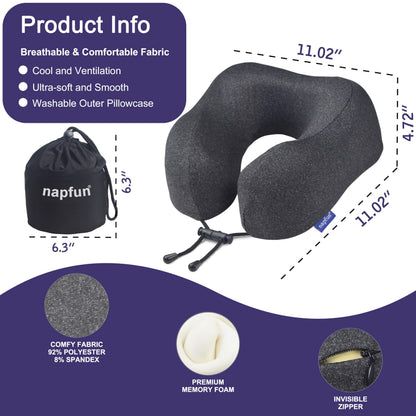 napfun Neck Pillow for Traveling, Upgraded Travel Neck Pillow for Airplane 100% Pure Memory Foam Travel Pillow for Flight Headrest Sleep, Portable Plane Accessories, Full Black