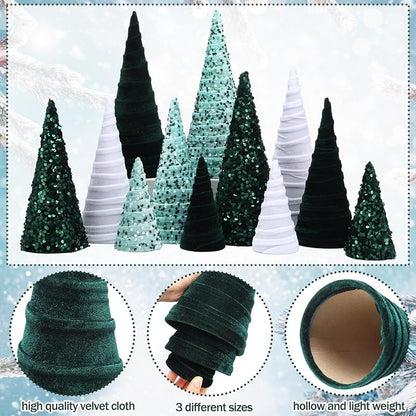 12 Pcs Velvet Cone Christmas Ornaments Set - Green, Light Green, White (Variation: Green, Light Green, White)