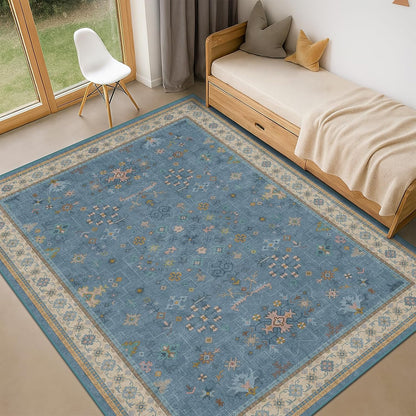 Skiennix Washable 5x7 Blue Rug - Colorful Low-Pile Carpet for Kids Room & Nursery | Non-Slip Design