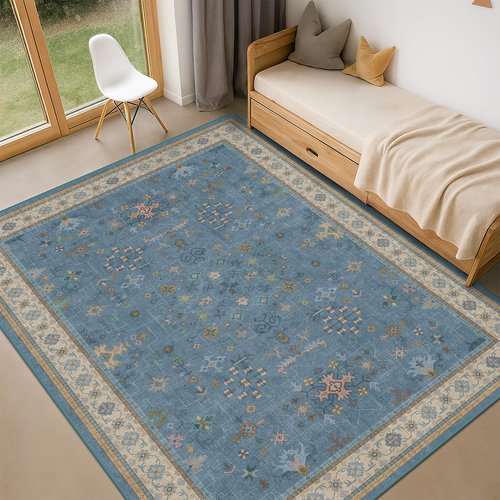 Washable 5x7 Blue Rugs for Kids Room, Boho 5 x 7 Nursery Rug Boys, Colorful Eclectic Low-Pile Carpet for Bedroom, Dining Table, Non-Slip with Rubber Back