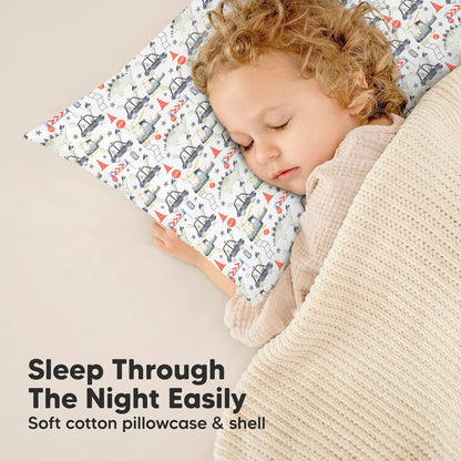 My Little Dreamy Toddler Pillow - Soft Organic Cotton Travel Pillow with Case | 13x18, Dino Patrol, Machine Washable for Ages 2-5
