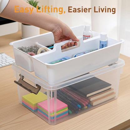 Citylife 17 QT Clear Plastic Storage Bin - Stackable Latching Box with Removable Tray | Orange