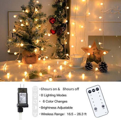 Globe String Lights - 49.2 Feet with 100 LEDs | Remote Timer & 8 Modes for Indoor/Outdoor Use