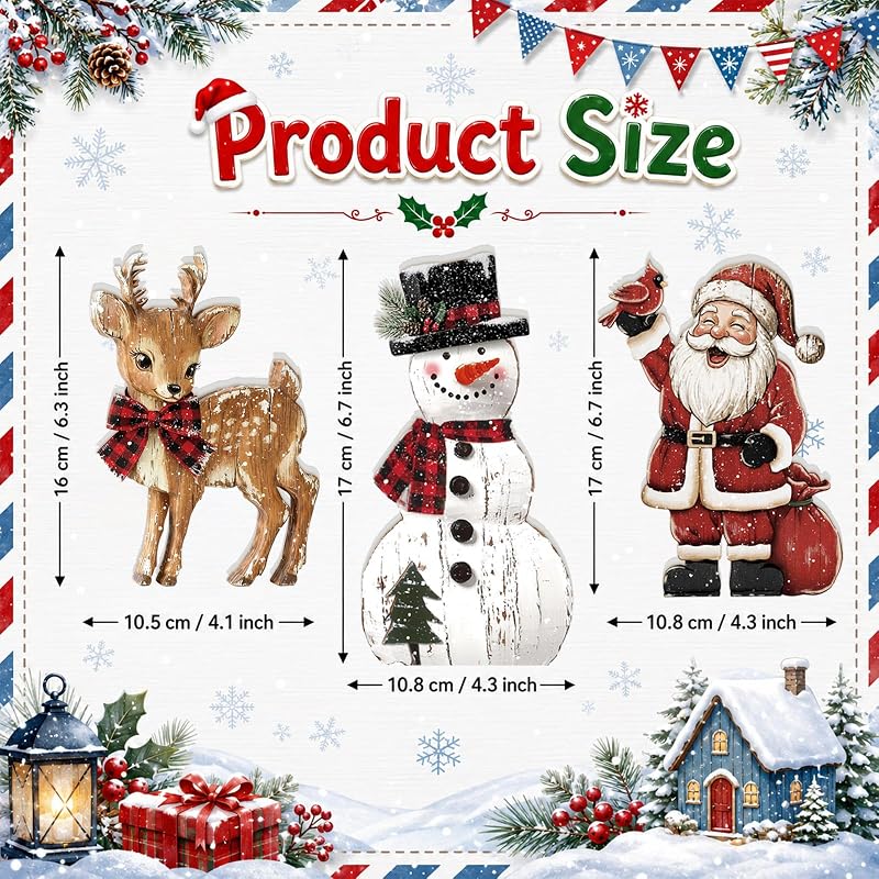3 Pcs Christmas Wooden Decorations Set – Snowman, Santa & Reindeer Signs (Variation: 3+Snowman Santa Reindeer)