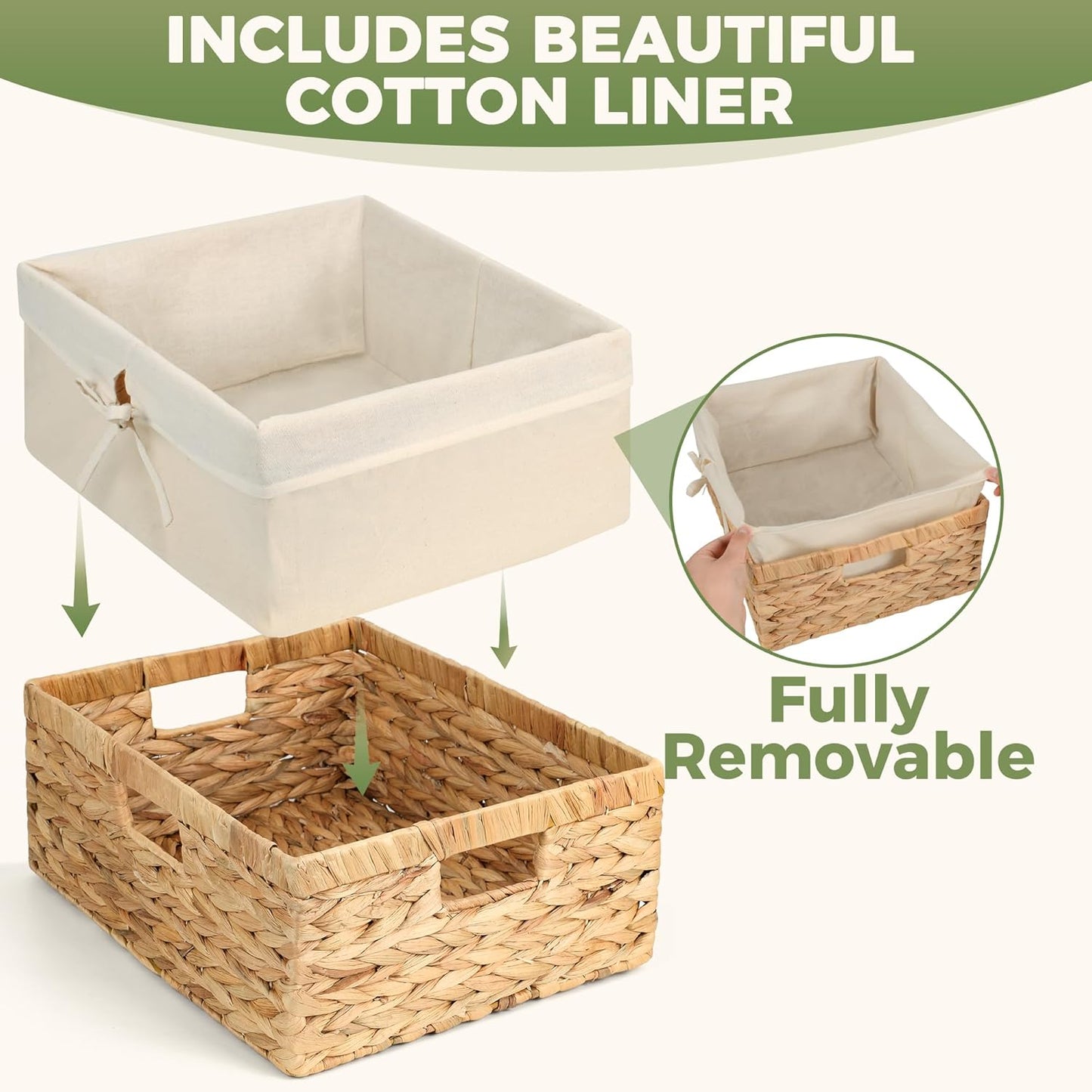 Wicker Shelf Storage Baskets - Natural Water Hyacinth Organizers with Handles & Cotton Liner | Large 15” x 12” x 6”