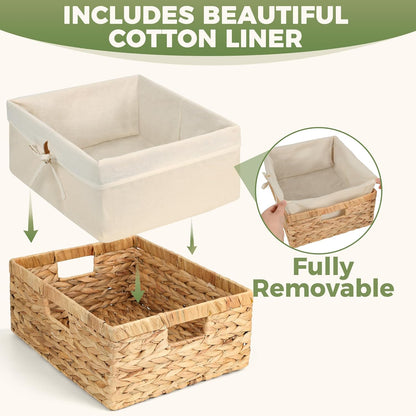 Wicker Shelf Storage Baskets - Natural Water Hyacinth Organizers with Handles & Cotton Liner | Large 15” x 12” x 6”